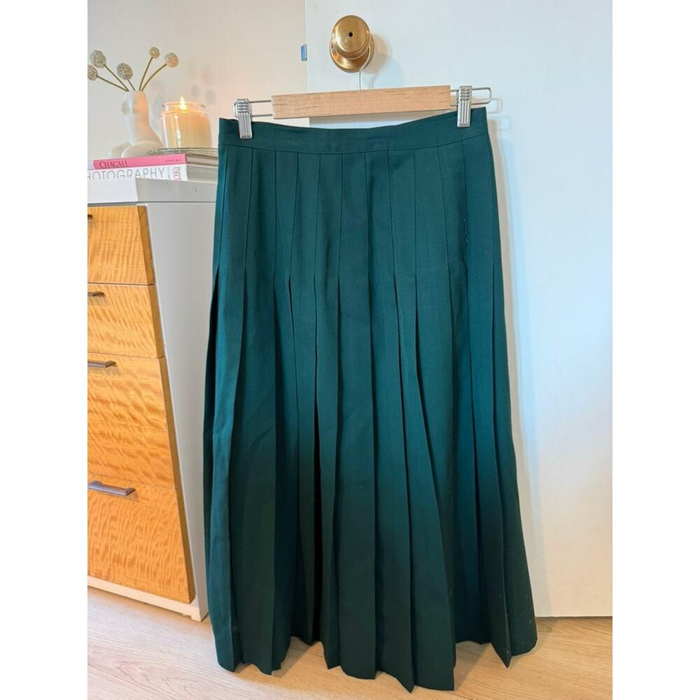 Vintage Forest Green Wool Pleated Midi Skirt Size 10 Made in USA ✨ - Picture 2 of 7